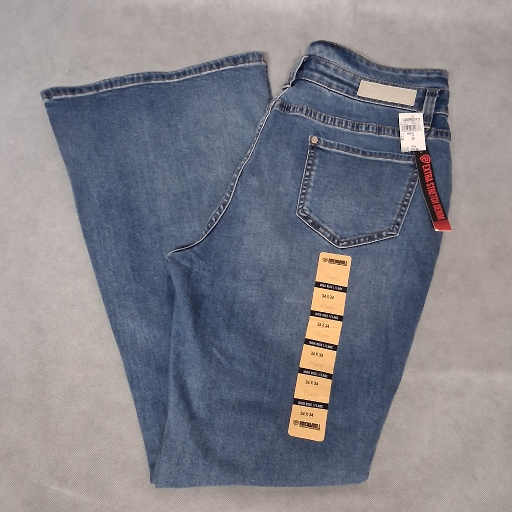 Rock & Roll Cowgirl Blue Jeans Women's 34x34 High Rise Flare Light Button NWT